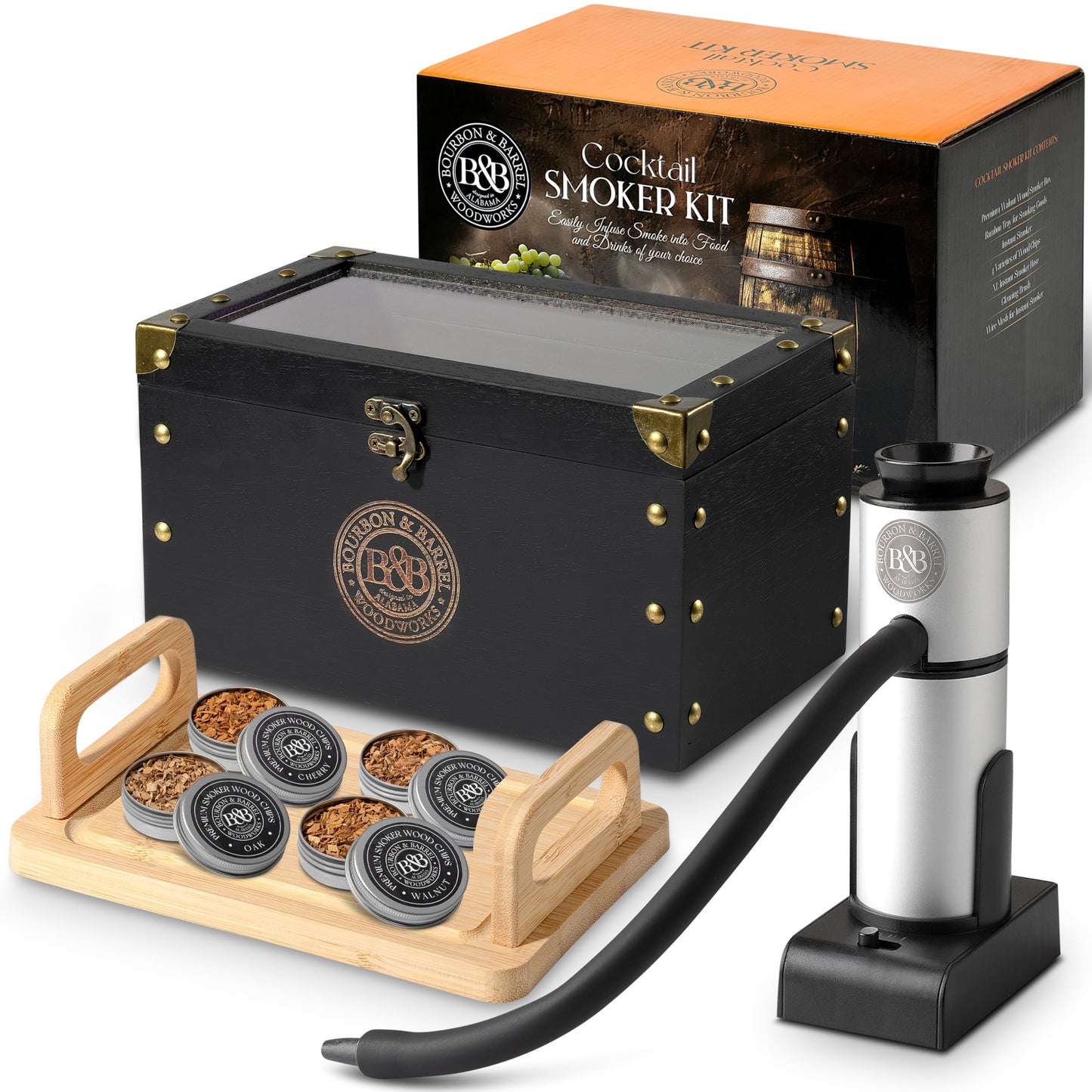 BOURBON & BARREL Cocktail Smoker Kit | Crafted with Walnut Wood | Whiskey Smoker Kit with Instant Smoker, Smoking Box, Food Tray and 4 Varieties of Wood Chips | Old Fashioned Drink Smoker Kit [Black]