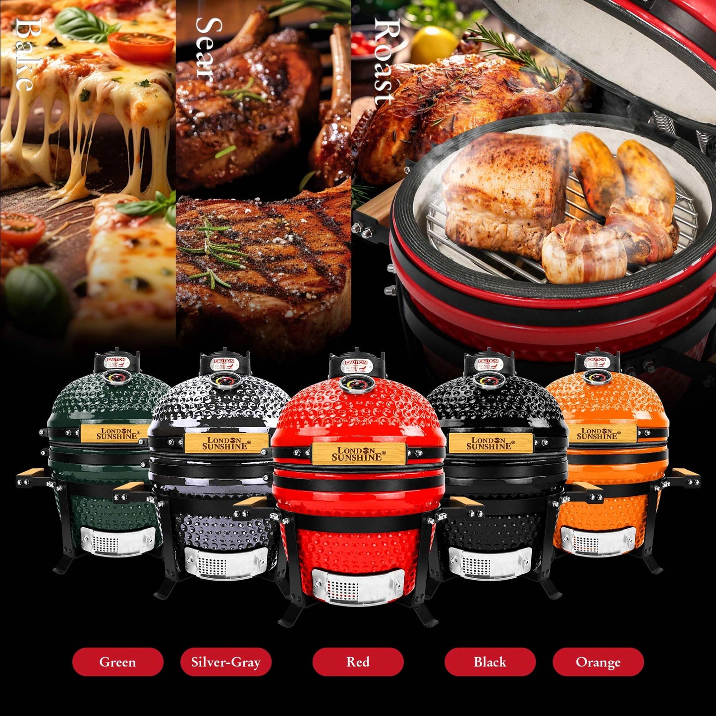 London Sunshine Ceramic BBQ Charcoal Kamado Grill 13 inch Portable Tabletop BBQ Grill Red