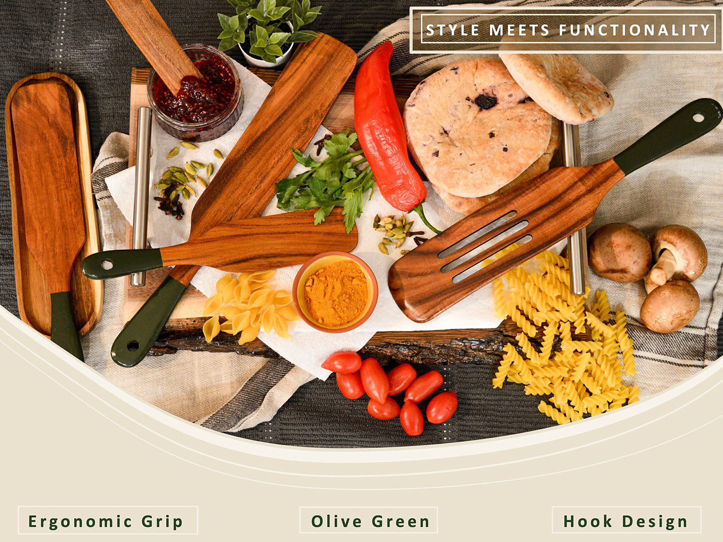 6Pcs Spurtle with Spoon Rest, Wood Spatula Olive Green, Wooden Utensils for Cooking, Wood Spatula, Wooden Kitchen Utensil Set, Spurtles Kitchen Tools
