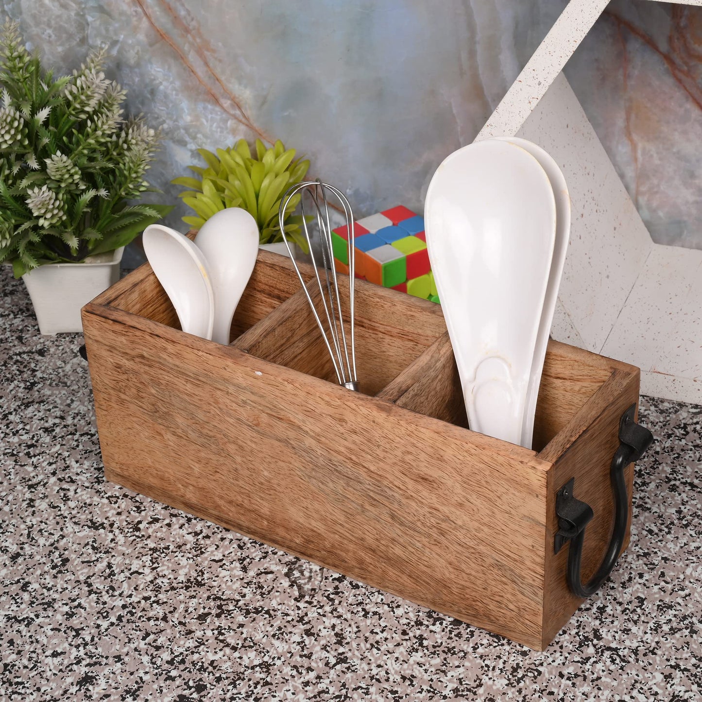 Samhita Mango Wood Cutlery Holder Caddy Organizer Wooden Utensil Storage Organizer Countertop for Silverware Fork Spoon Spatula 3 compartments (11" x 4" x 4.5")