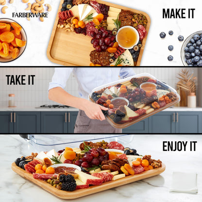 FARBERWARE Build-A-Board Bamboo Cutting Board with Clear Locking Lid and Black Handles, Perfect for Charcuterie, Snacks, and More, Single Compartment