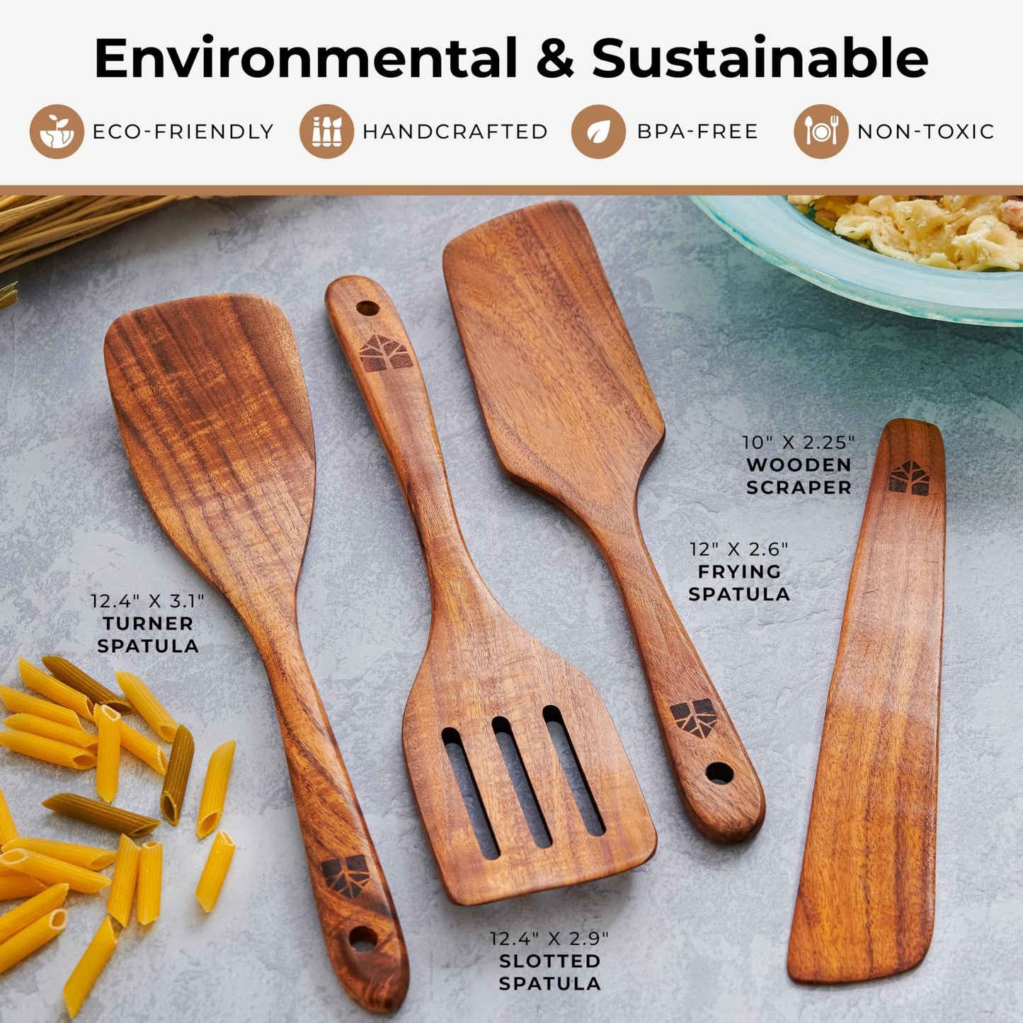 Wooden Spatula for Cooking, Teak Spatulas for Kitchen Use - Wooden Cooking Utensils Set of 4 including Paddle, Turner, Slotted Spurtle and Wood Scraper. Nonstick cookware.