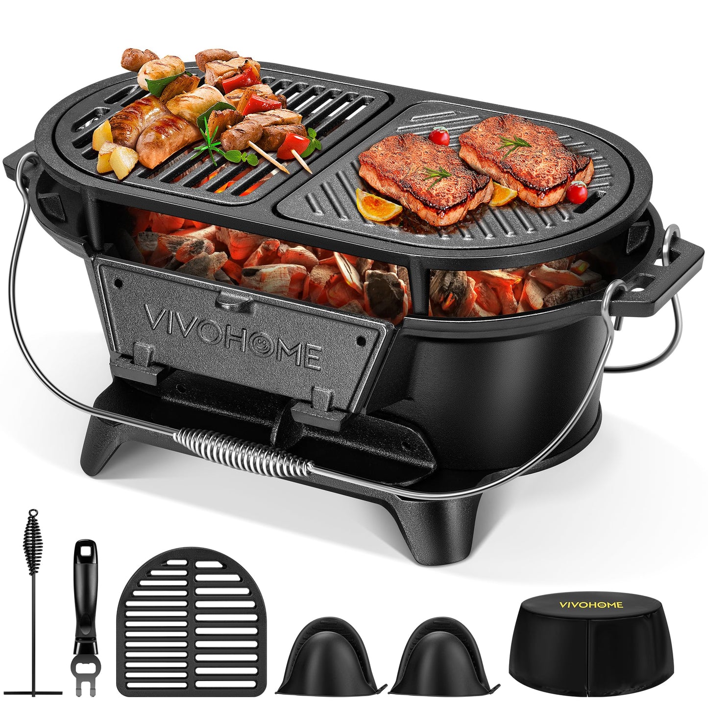VIVOHOME Oval Cast Iron Grill with Interchangeable Grates & Griddle, 2 Furnace Doors for Heat Control, Includes Gloves, Poker and UV-Resistant Cover