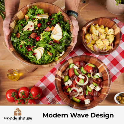 Wooden Salad Bowl Set, Salad Bowls Set of 3 - Wavy Design Salad Bowl Set for Serving, Handmade, Durable and Stylish Natural Wood Dining Accessory by Woodenhouse
