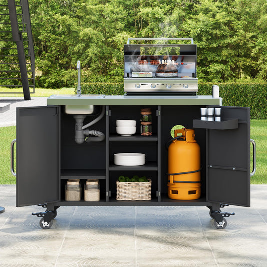55.5" Outdoor Kitchen Island with Sink, Metal Grill Cart Table with 304 Stainless Steel Sink, Outdoor Bar Cart Sink Station with 4 Lockable Wheels and Storage Cabinet for BBQ Patio Garden (Black-@mi)