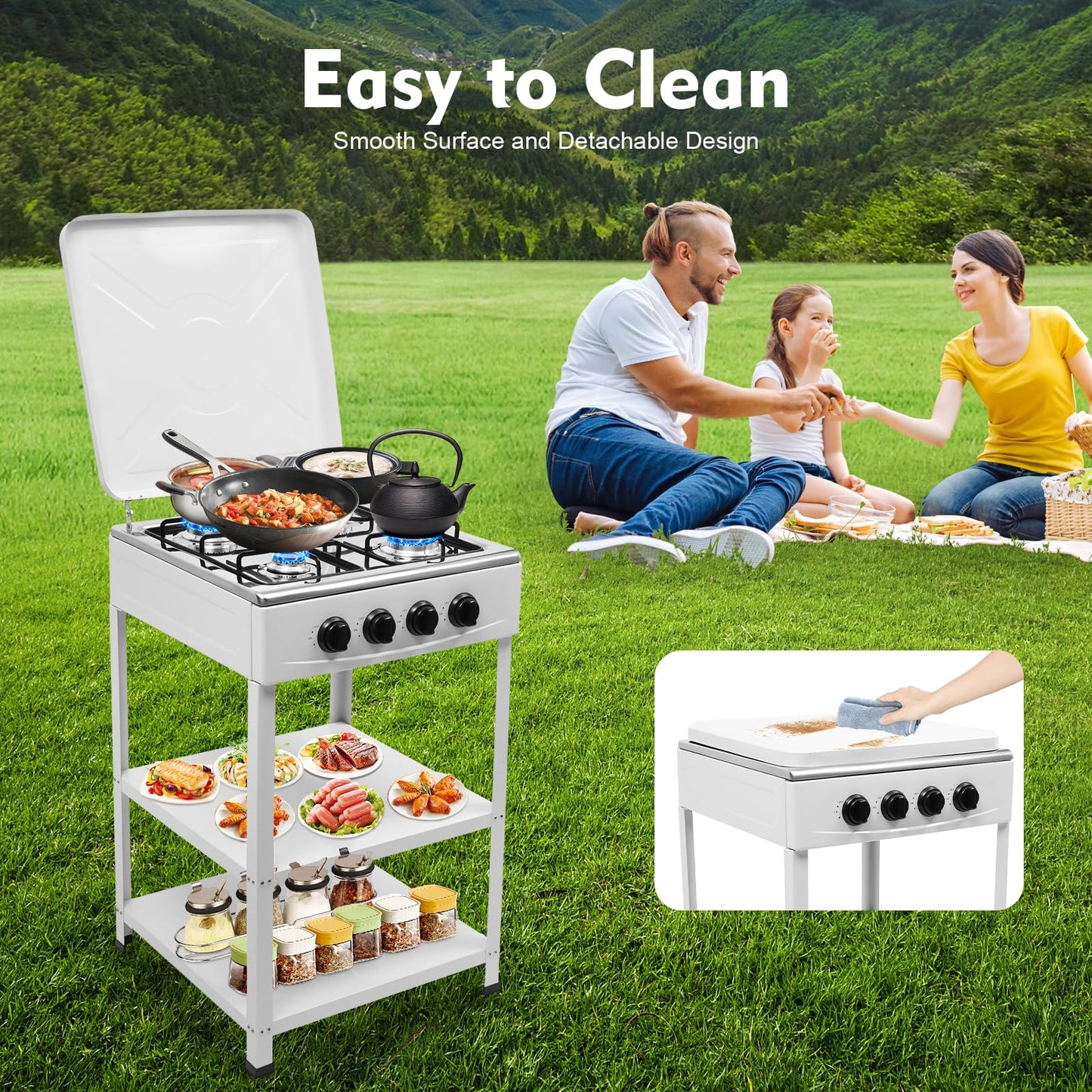 Propane Gas Stove 4 Burner, Portable Natural Gas Stove Stainless Steel, Camping Stove Gas Cooker with 2-Tier Storage Stand, Freestanding Propane Burner for Backyard, Outdoor Cooking