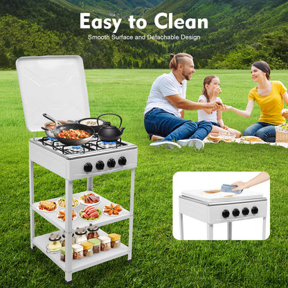Propane Gas Stove 4 Burner, Portable Natural Gas Stove Stainless Steel, Camping Stove Gas Cooker with 2-Tier Storage Stand, Freestanding Propane Burner for Backyard, Outdoor Cooking
