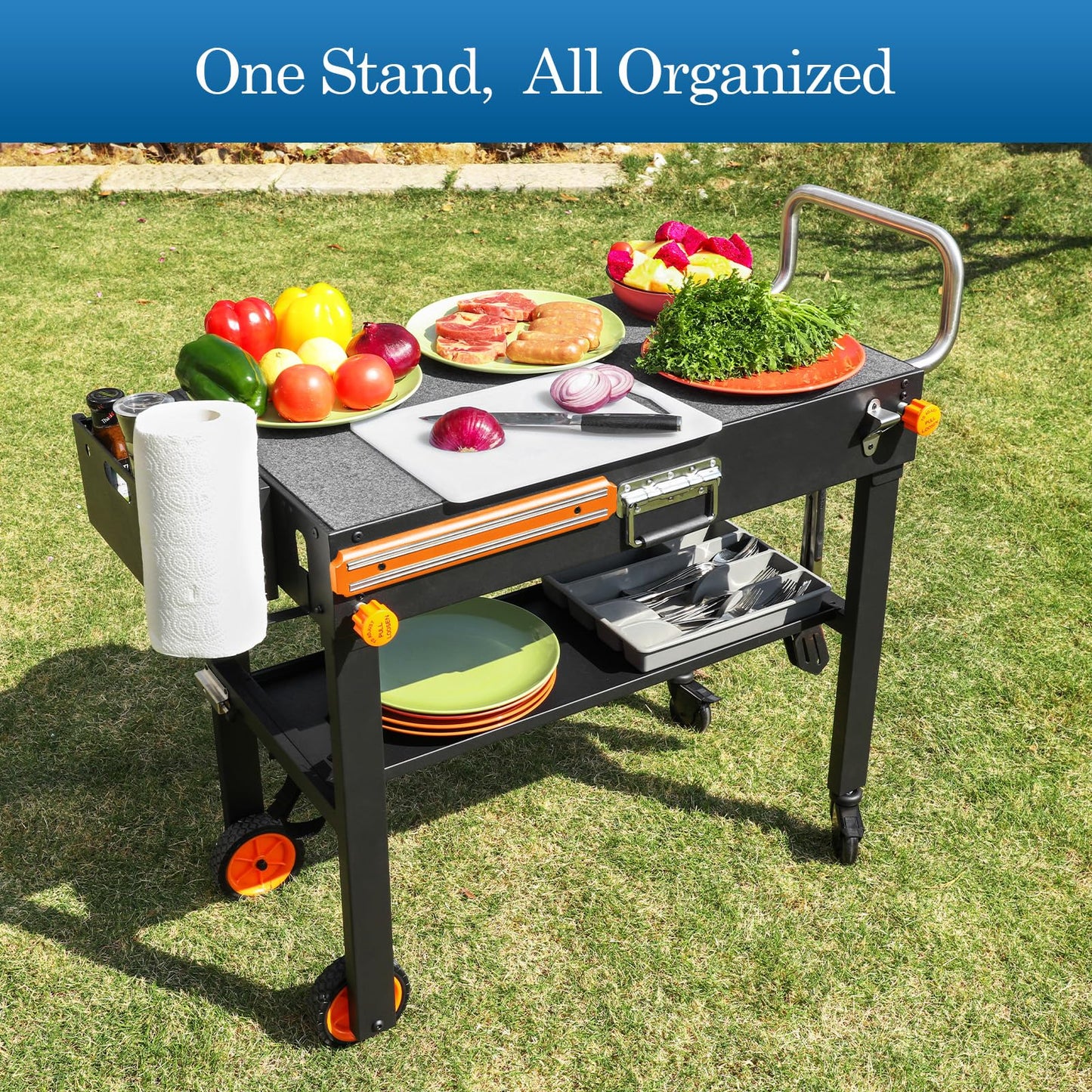 Grill Table Stand Cart for Blackstone Griddle - Universal Foldable Design Fits 17-22 Inch Grills and 12" Pizza Ovens, 20s Setup, 4 Wheels, Magnetic Strip etc (Camping, Backyard Cooking Accessories)