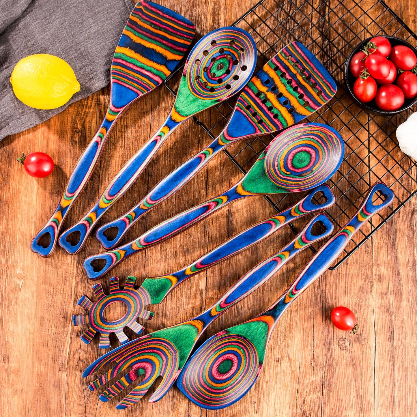 Gudamaye Pakkawood 7-Piece Wooden Cooking Utensils, Wooden Spoons for cooking, Pakkawood kitchen Utensils for Cooking, Non-Stick Spoon, Household Essentials, Heat-Resistant Spoons