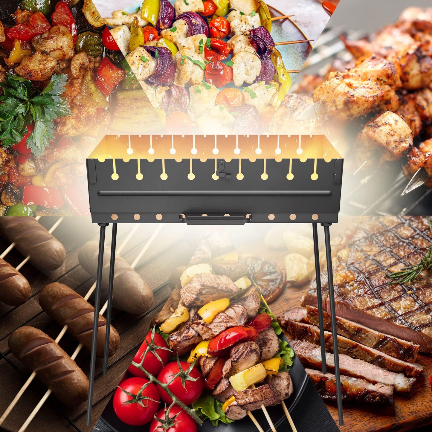Charcoal Grill for 10 Skewers - Portable Barbecue Kabob Camp Grills - Foldable Metal Mangal - Kebab Shish BBQ for EDC Picnic Outdoor Cooking Camping Hiking NB10