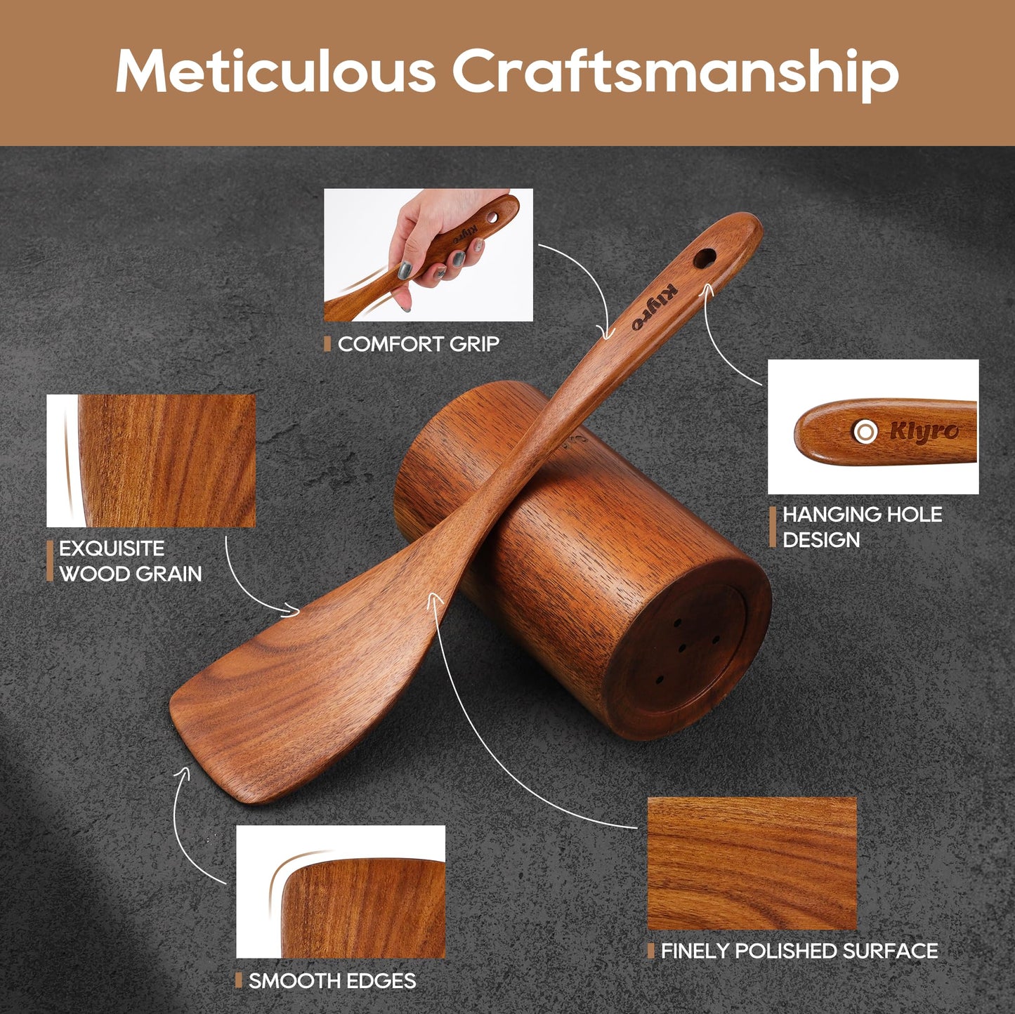 KLYRO Teak Wooden Cooking Utensils Set, 10 Piece Premium Kitchen Cookware, Non-Scratch Wooden Spoons for Cooking, Perfect for Cooking and Serving
