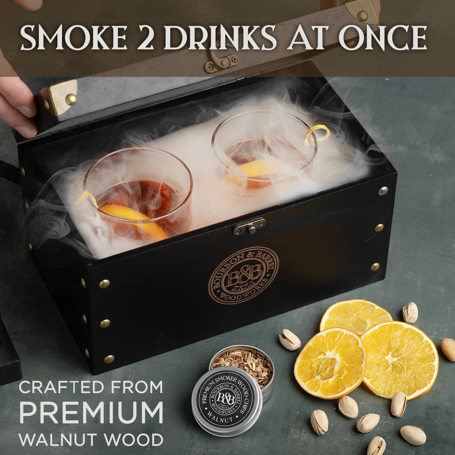 BOURBON & BARREL Cocktail Smoker Kit | Crafted with Walnut Wood | Whiskey Smoker Kit with Instant Smoker, Smoking Box, Food Tray and 4 Varieties of Wood Chips | Old Fashioned Drink Smoker Kit [Black]