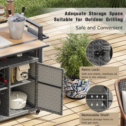 52.8" Wicker Outdoor Grill Cart with Extended Plastic Wood Table Top, Rolling Kitchen Island Cart with Storage Cabinet for Patio Backyard Garden Poolside, Rattan Bar Table with Double Handle, Gray