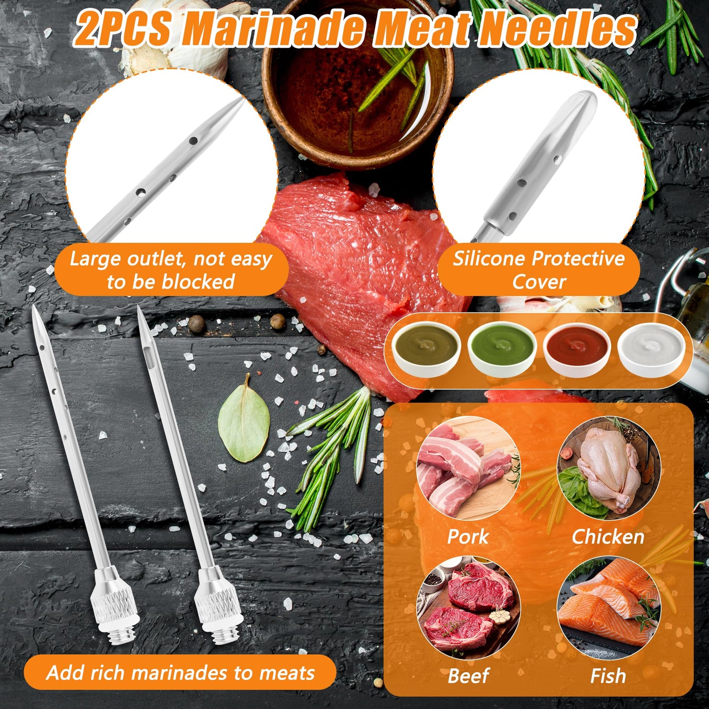 Anglekai Spray Bottle and Marinade Injector, Meat Injector Syringe with Stainless Steel Oil Spray Bottle/Marinade Needles/ 2 Brushes/Hose for Meat BBQ