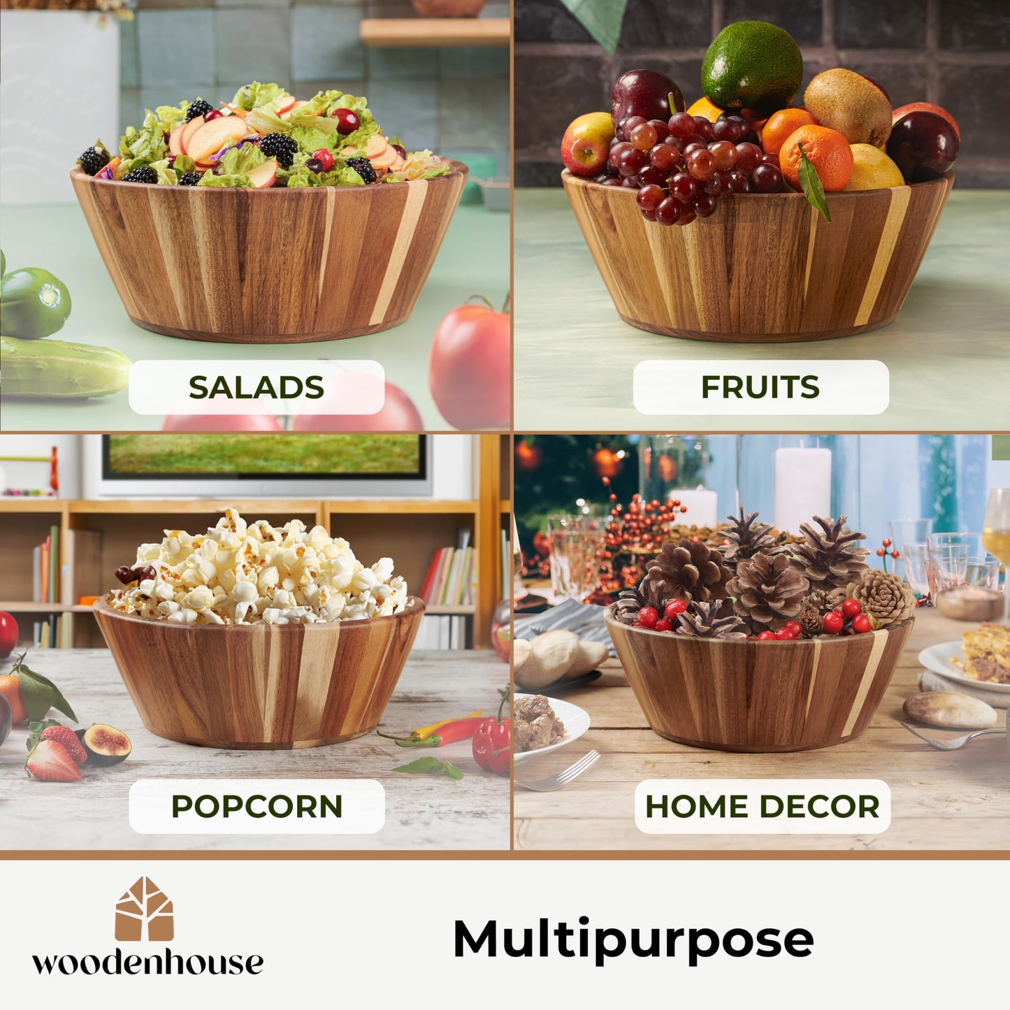 Wooden Bowls, Wooden Salad Bowl Set of 3 - Round Design Large Salad Bowl Set for Serving, Handmade, Durable and Stylish Natural Wood Dining Accessory by Woodenhouse