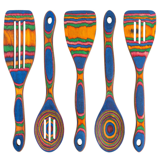 5pc Wood Cooking Utensils Set - Wooden Spoons for Cooking – Pakka Wood Utensils for Cooking and Serving – Comfortable Grip and Non Stick (Blue Rainbow)