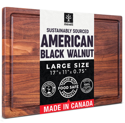 Mevell Walnut Wood Cutting Board for Kitchen, Reversible Wooden Chopping Board With Juice Grooves, Made in Canada (Walnut, 17x11x0.75)