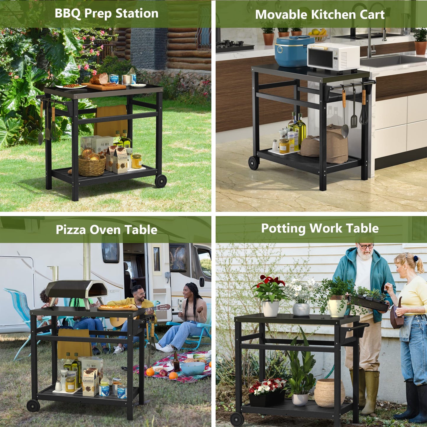 TORVA Outdoor Prep Grill Carts, 303 Stainless Steel Tabletop with High Load Capacity Portable BBQ Table, HDPE Durable Frame 2-Tier Storage Cart, Black