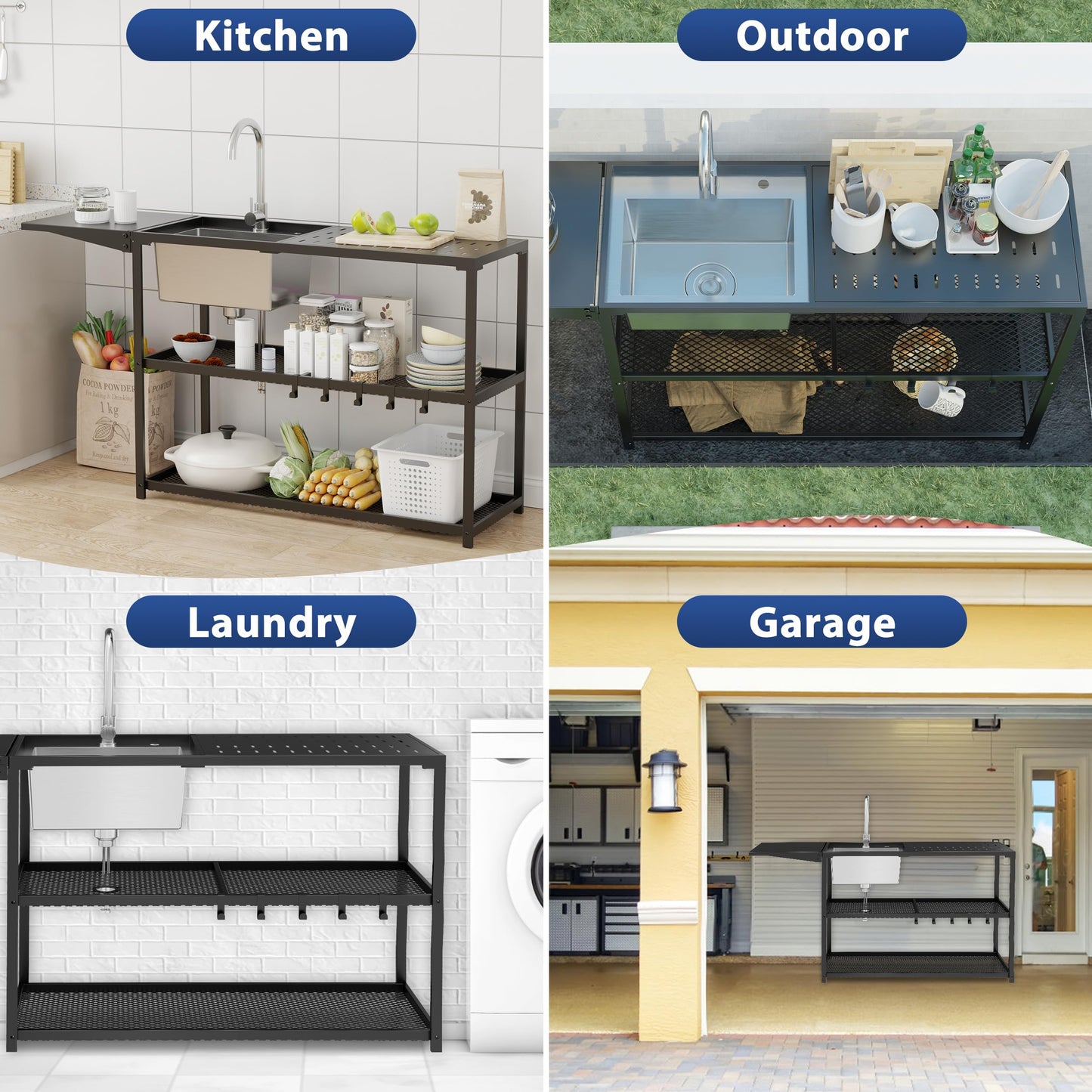 LUCKWIND 55 Inch Freestanding Kitchen Utility Sink with Stainless Steel Single Bowl, Foldable Countertop and Cold & Hot Water Faucet for Farmhouse, Garage, Outdoor, Laundry and Commercial Use