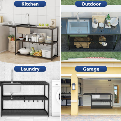 LUCKWIND 55 Inch Freestanding Kitchen Utility Sink with Stainless Steel Single Bowl, Foldable Countertop and Cold & Hot Water Faucet for Farmhouse, Garage, Outdoor, Laundry and Commercial Use