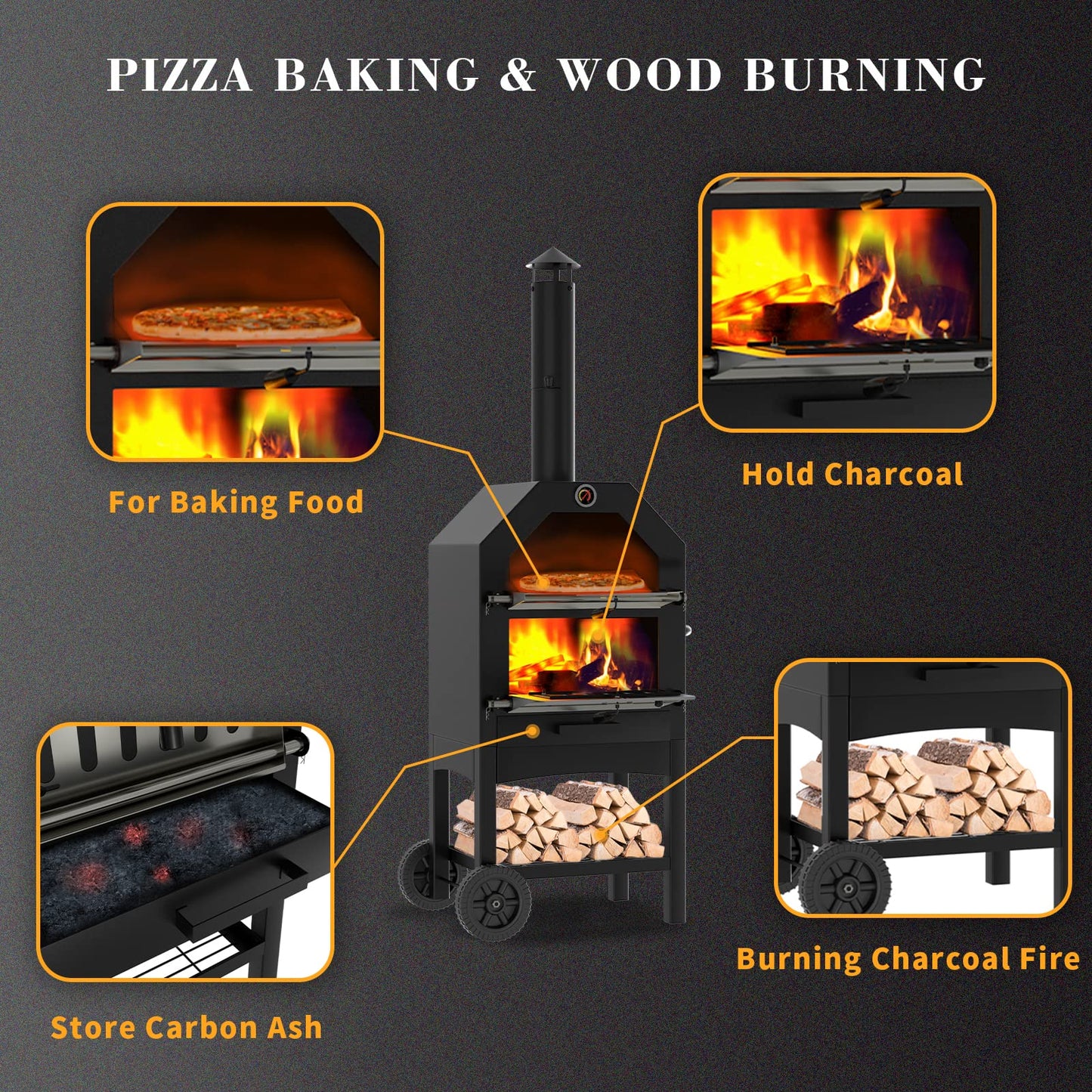 UDPATIO Outdoor Pizza Oven Wood Fired, Wood Pizza Ovens for Outside with Waterproof Cover, Pizza Stone, Peel, 2 Layer Steel, Freestanding Steel Oven with 2 Wheels for Kitchen BBQ Backyard Party