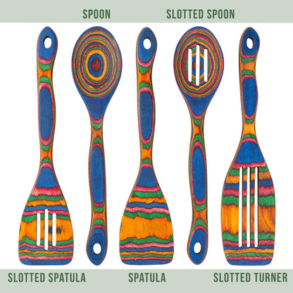 5pc Wood Cooking Utensils Set - Wooden Spoons for Cooking – Pakka Wood Utensils for Cooking and Serving – Comfortable Grip and Non Stick (Blue Rainbow)