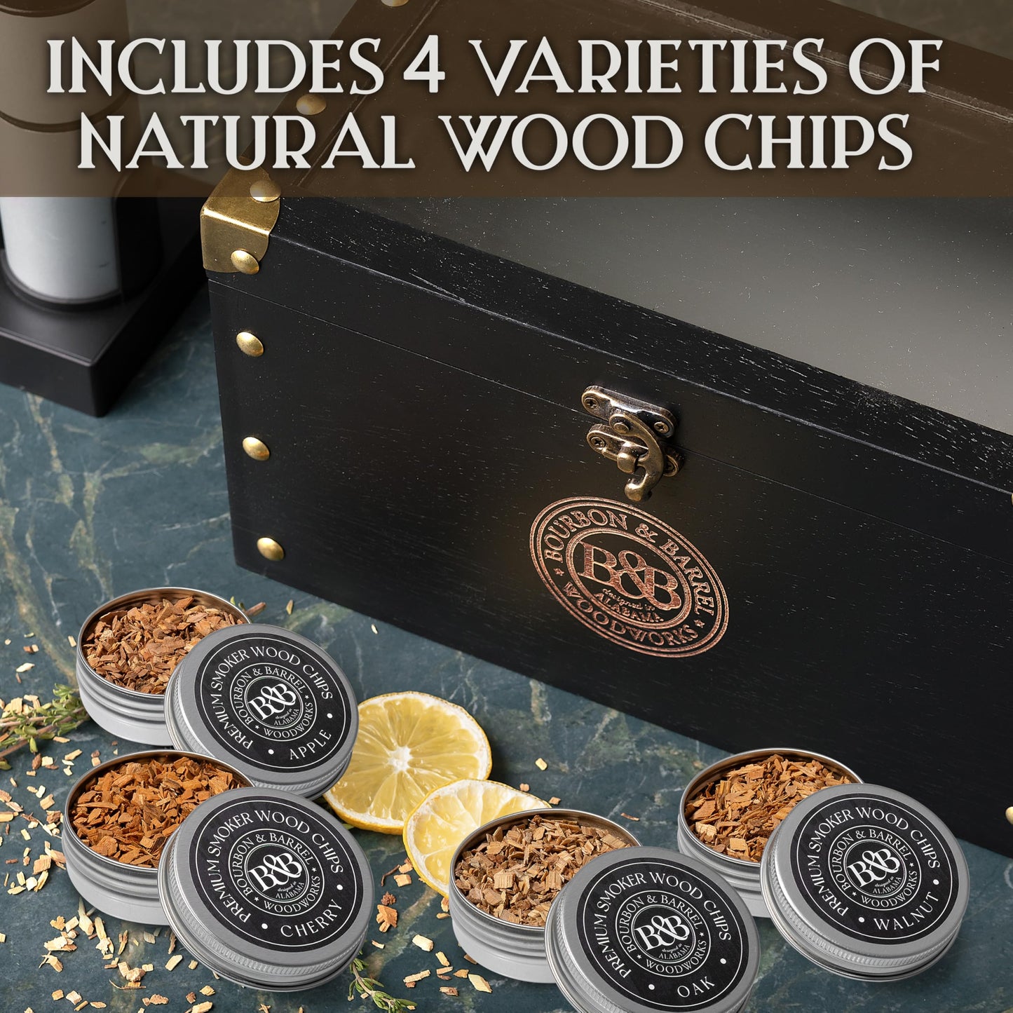 BOURBON & BARREL Cocktail Smoker Kit | Crafted with Walnut Wood | Whiskey Smoker Kit with Instant Smoker, Smoking Box, Food Tray and 4 Varieties of Wood Chips | Old Fashioned Drink Smoker Kit [Black]