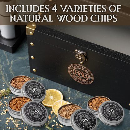 BOURBON & BARREL Cocktail Smoker Kit | Crafted with Walnut Wood | Whiskey Smoker Kit with Instant Smoker, Smoking Box, Food Tray and 4 Varieties of Wood Chips | Old Fashioned Drink Smoker Kit [Black]