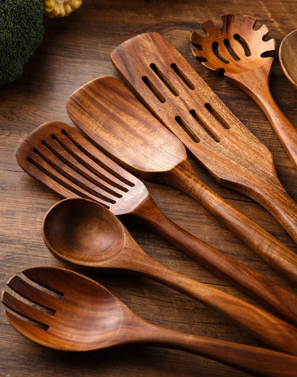 NAYAHOSE Wooden Kitchen Utensils Set, 11 Pcs Teak Wood Cooking Utensils Spoons Spatulas Spurtles Kit Non-stick Natural Kitchen Tools for Cooking