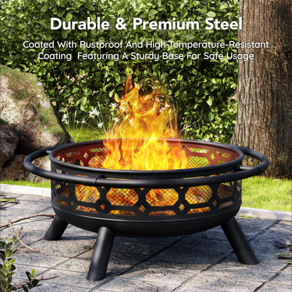 Florise 36 Inch Fire Pit, Outdoor Wood Burning Firepit with Removable Grill & Poker, Heavy Duty Metal Round Fireplace,2 in 1 Large Bonfire for Outside,BBQ,Yard,Patio