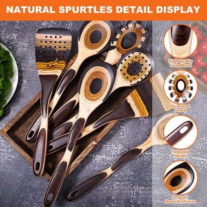 NAYAHOSE Kitchen Utensils Set for Cooking, 7 Pcs Pakkawood Wooden Cooking Spoons & Spatulas with Spoon Rest, Safe for Non-Stick Cookware, Housewarming Kitchen Gift (Brown Spoon-7pcs)
