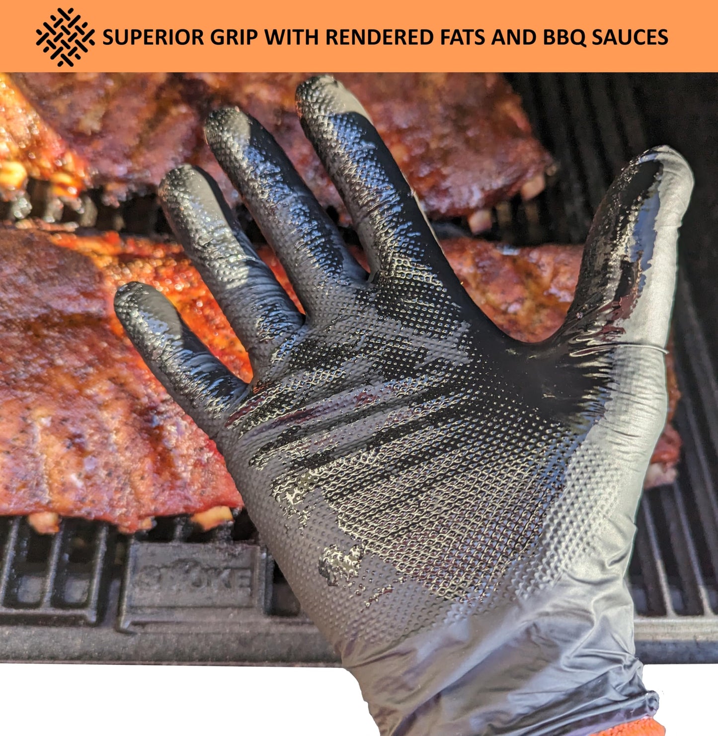 HDMNDD Black Disposable BBQ Gloves Kit - 50 Heavy Duty Full Textured Grip and 2 Heat Resistant Reusable Glove Liners for BBQ, Grilling, Meat Gloves for Pulling Meat