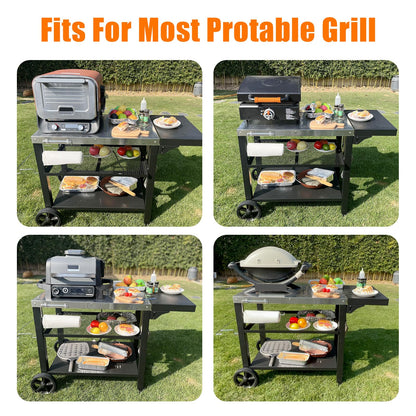 GRILL FORCE Grill Cart, Outdoor Grill Table, Pizza Oven Stand, Three-Shelf BBQ Table, Movable Dining Cart with Drawer, Fits for Ninja Woodfire Grill, Blackstone Griddle,Tabletop Grill