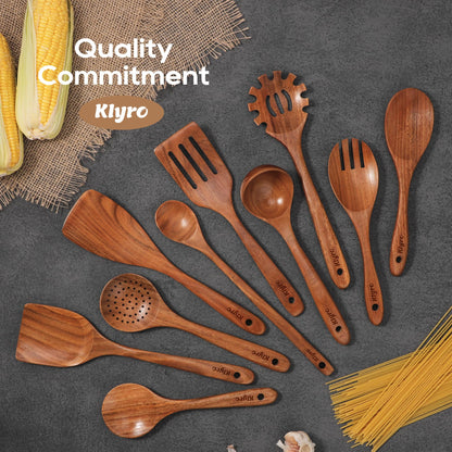 KLYRO Teak Wooden Cooking Utensils Set, 10 Piece Premium Kitchen Cookware, Non-Scratch Wooden Spoons for Cooking, Perfect for Cooking and Serving