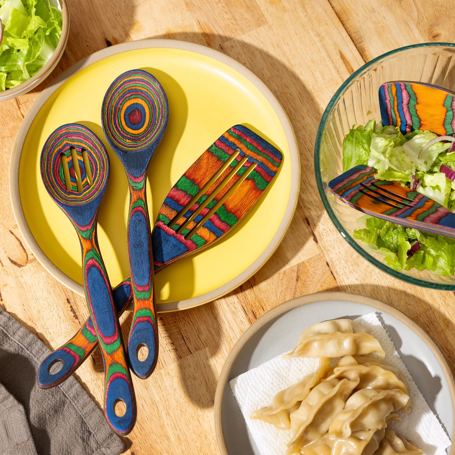 5pc Wood Cooking Utensils Set - Wooden Spoons for Cooking – Pakka Wood Utensils for Cooking and Serving – Comfortable Grip and Non Stick (Blue Rainbow)