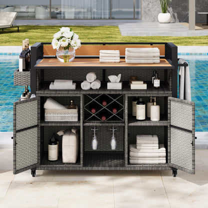 52.8" Wicker Outdoor Grill Cart with Extended Plastic Wood Table Top, Rolling Kitchen Island Cart with Storage Cabinet for Patio Backyard Garden Poolside, Rattan Bar Table with Double Handle, Gray