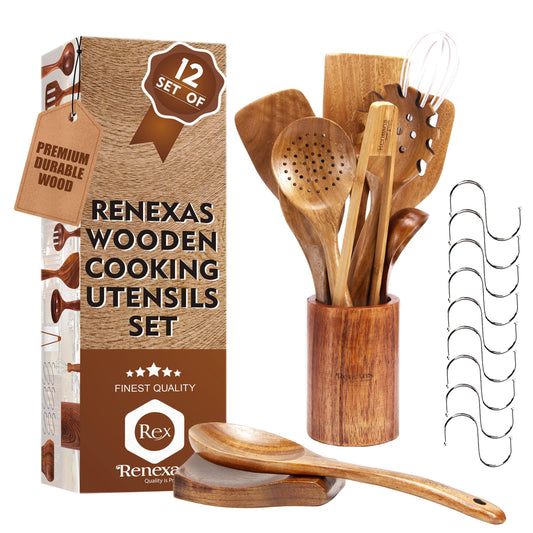 Renexas 12 Pcs Teak Wooden Spoons for Cooking– Non-Toxic, Non-Stick Kitchen Utensils Set Wood Spatulas with Hooks, Spoon Rest & Holder – Lightweight, Heat Resistant, Eco-Friendly.