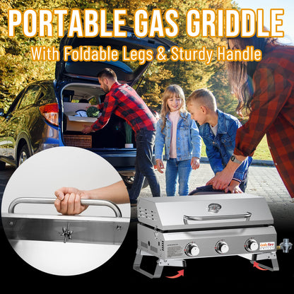 ONLYFIRE GRILLS Tabletop Gas Griddle with Foldable Legs, Portable 3-Burner Propane Gas Flat Top Grill Griddle for Outdoor Cooking Patio Barbecue Camping Tailgating RV BBQ, Stainless Steel, #GS309