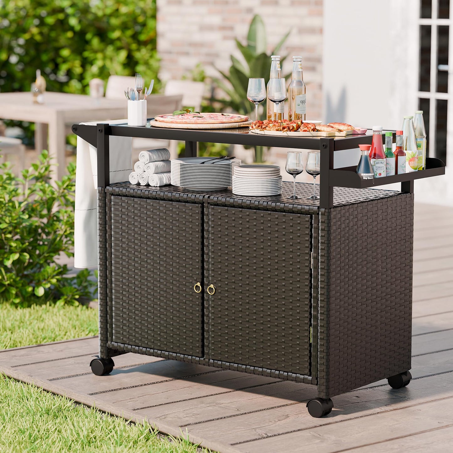MU Outdoor Bar Cart with Storage and Wheels, Outdoor Bar Table with Tempered Glass Top & Shelf, Rolling Wicker Storage Cabinet with Rounded Handle & Side Basket for Backyard, Poolside, Garden, Black