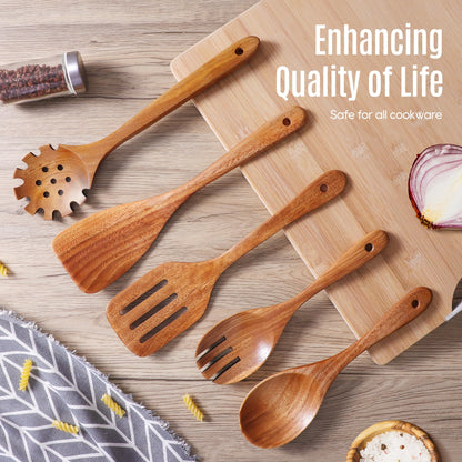 5 PCS Wooden Spoons for Cooking Natural Teak Kitchen Utensils Smooth Non-Stick Surface Cooking Utensils Set Soft Comfort-Grip Wooden Utensils for Cooking