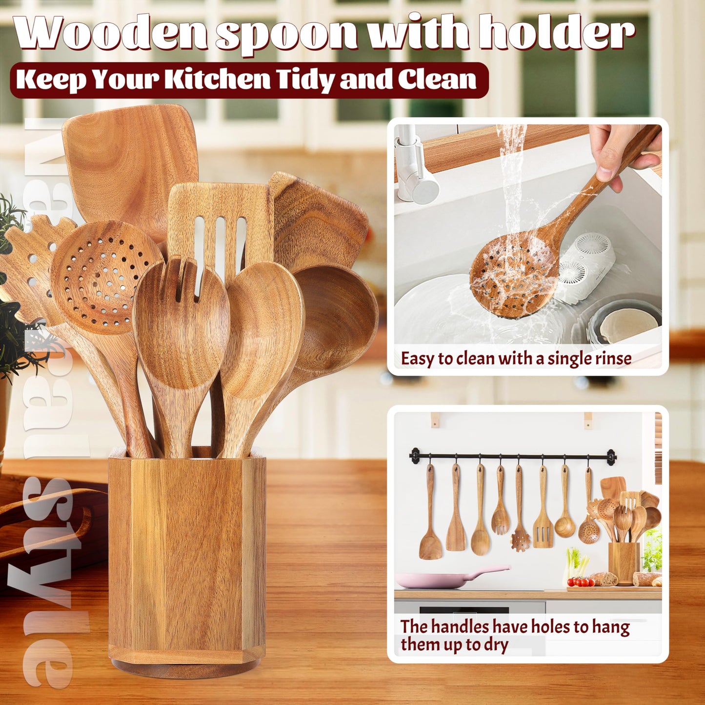 Utensil Cooking Spoon Set with Holder : KINGSOW 9 Pcs Wooden Spoons for Kitchen Nonstick Cookware