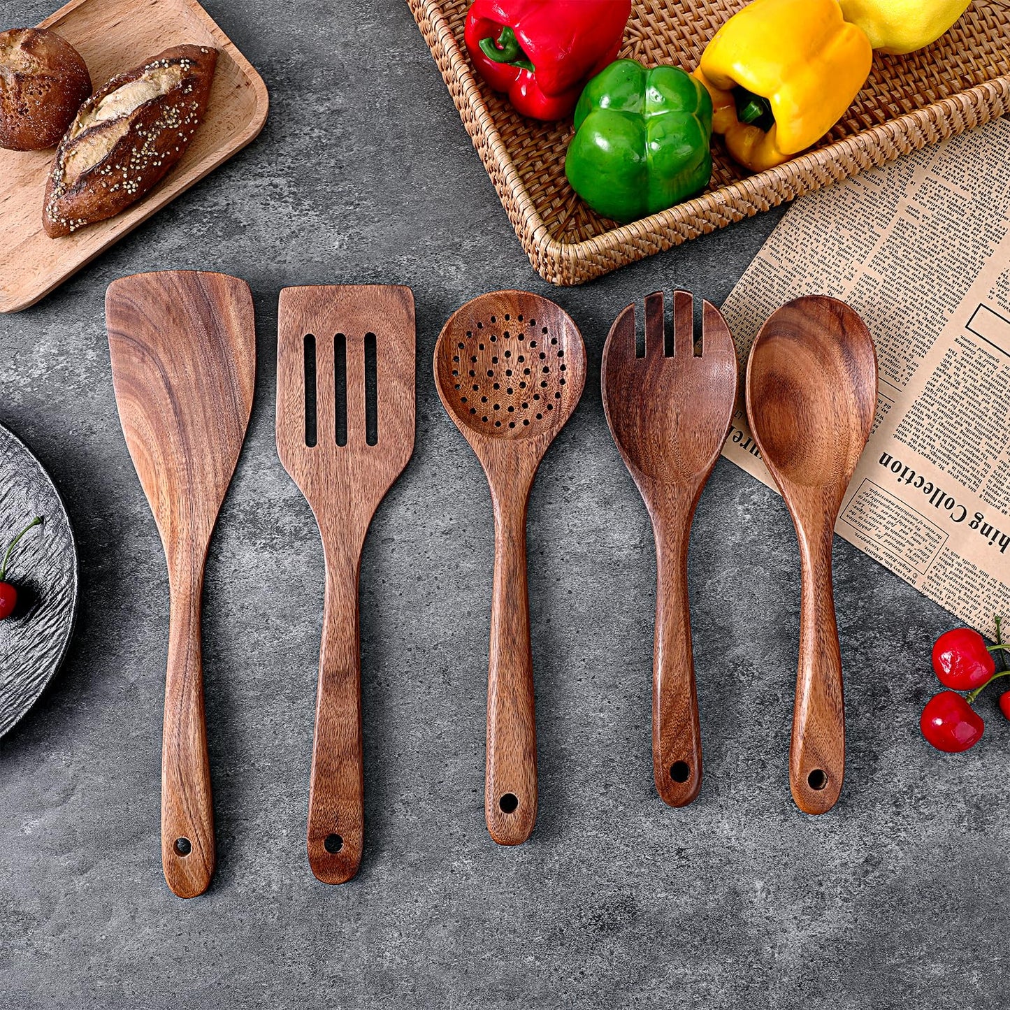 5 PCS Wooden Spatulas for Cooking Acacia Wood Kitchen Utensil Set Mixing Cook Spoons Non-stick Wooden Cooking Utensils Includes Wood Spatula Slotted Spatula Strainer Spoon Salad Spoon Salad Fork