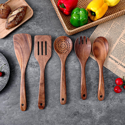 5 PCS Wooden Spatulas for Cooking Acacia Wood Kitchen Utensil Set Mixing Cook Spoons Non-stick Wooden Cooking Utensils Includes Wood Spatula Slotted Spatula Strainer Spoon Salad Spoon Salad Fork