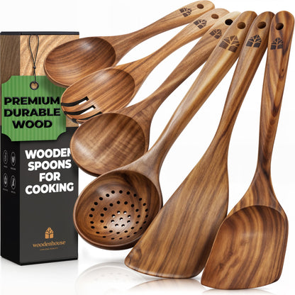 Wooden Spoons for Cooking – Wooden Kitchen Utensils Set, 6 Pcs Teak Wood Utensil Set – Comfortable Grip Non–Stick Wooden Cooking Utensils – Nonstick Natural and Healthy Kitchen Cookware