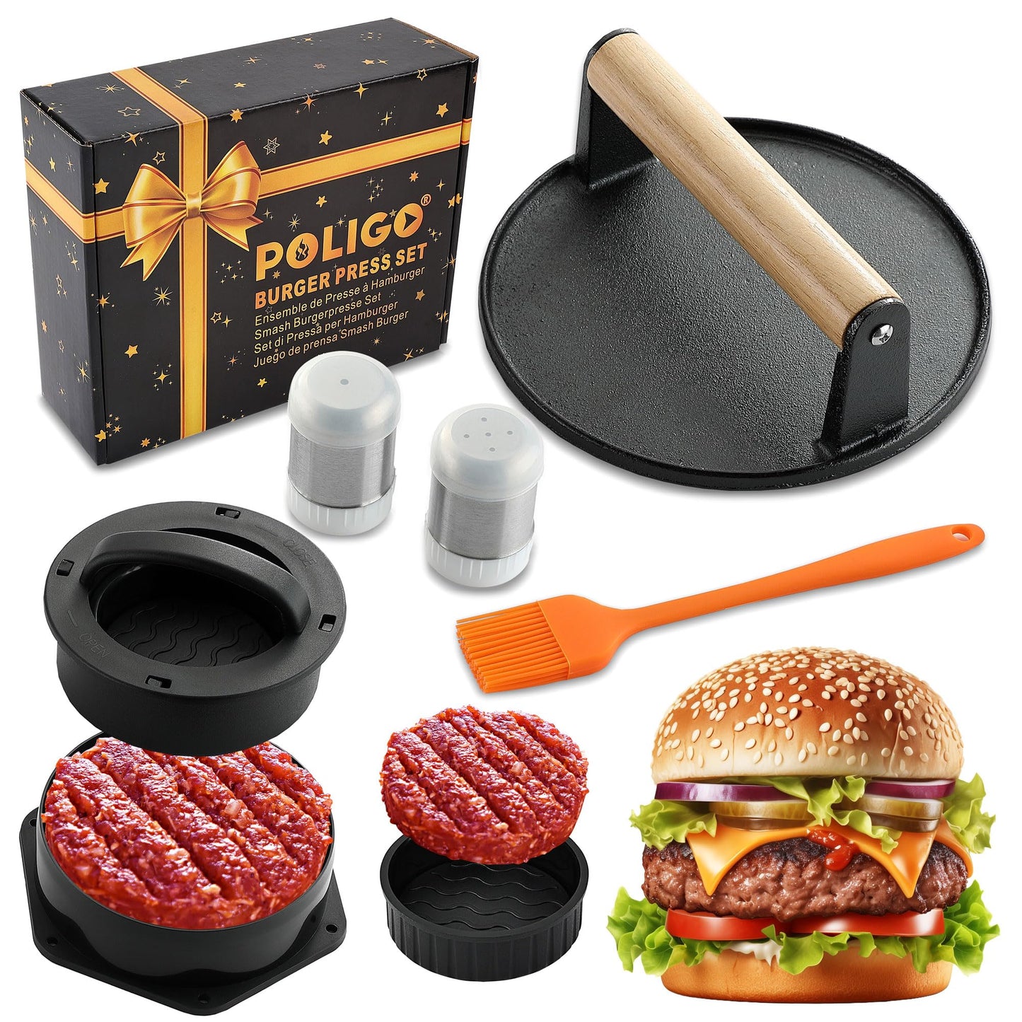 POLIGO 5PCS Smash Burger Press Kit - 4 in 1 Hamburger Patty Storage Containers,6.69" Round Cast Iron Smash Bacon Press- Non Stick Smash Burger Press Set for Grill and Griddle Cooking