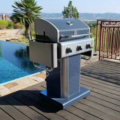 Kenmore 3-Burner Propane BBQ Grill, 30,000 BTUs Gas Grill with Cast Iron Cooking Grates, Folding Side Tables & Wheels, Outdoor Grill with Tool Hooks, Azure Blue