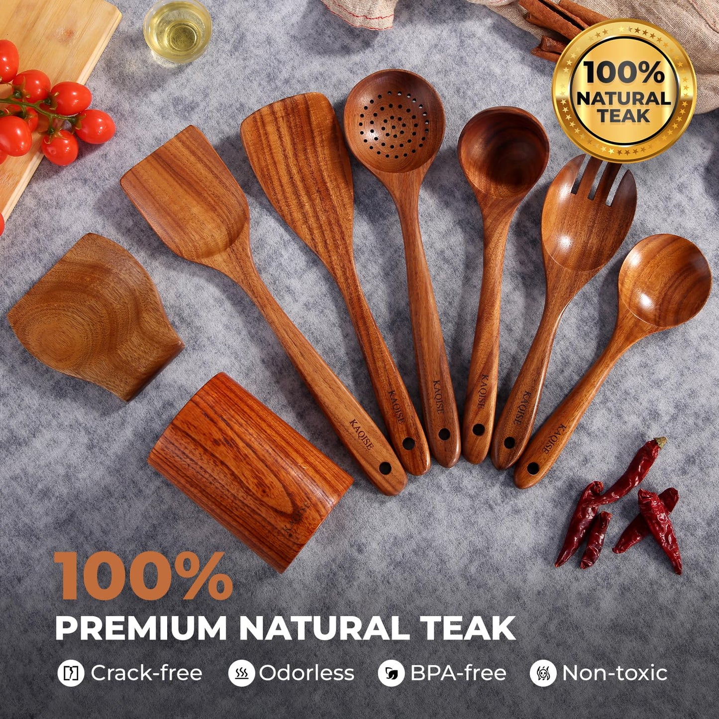 KAQISE 10PCS Premium Wooden Spoons for Cooking, Kitchen Essential Wooden Utensils Set, Teak Wood Culinary Utensils Set for Families