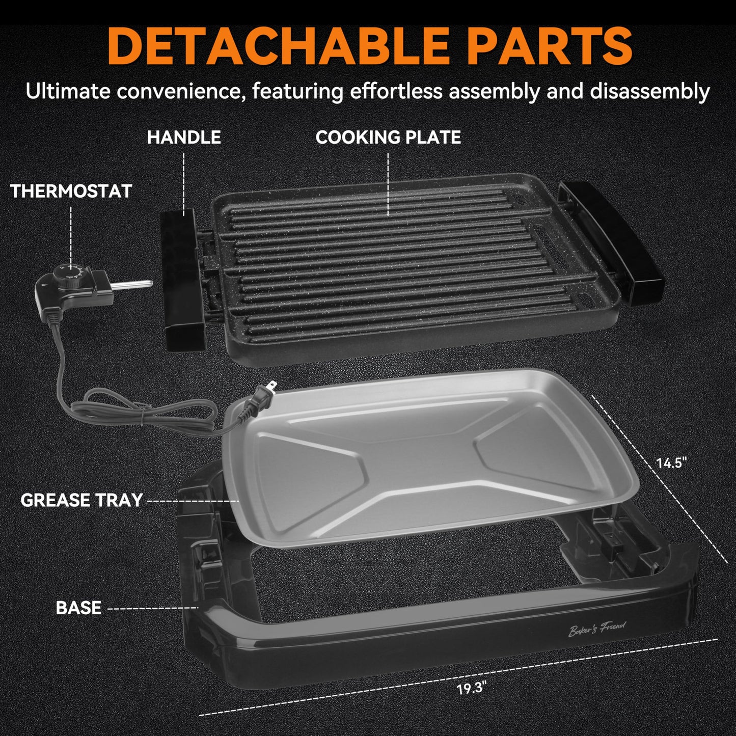 Baker’s Friend Indoor Griddle & Grill, Electric Griddle with 2 in 1 Indoor Grill and Griddle Plate Indoor Grill with Removable Plate, Silicone Mold, Dishwasher Safe, Recipes Include, Graphite