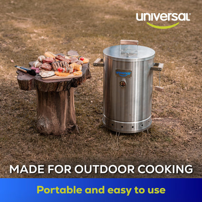 Universal 20-pound Stainless Steel (25-servings) Charcoal Barrel Smoker with Thermometer & Airlock system - 20.5"x 29.6" x ⌀15.5", 2 in 1 Vertical Grill and Smoker, Slow Cooking Barrel