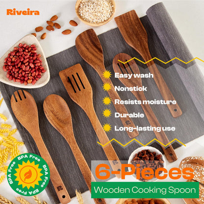 Riveira Walnut Wooden Spoons for Cooking Set of 6 – Natural Walnut Wooden Cooking Utensils, Spatula, Spoon - Premium Quality Utensil Set for Non-Toxic Cooking